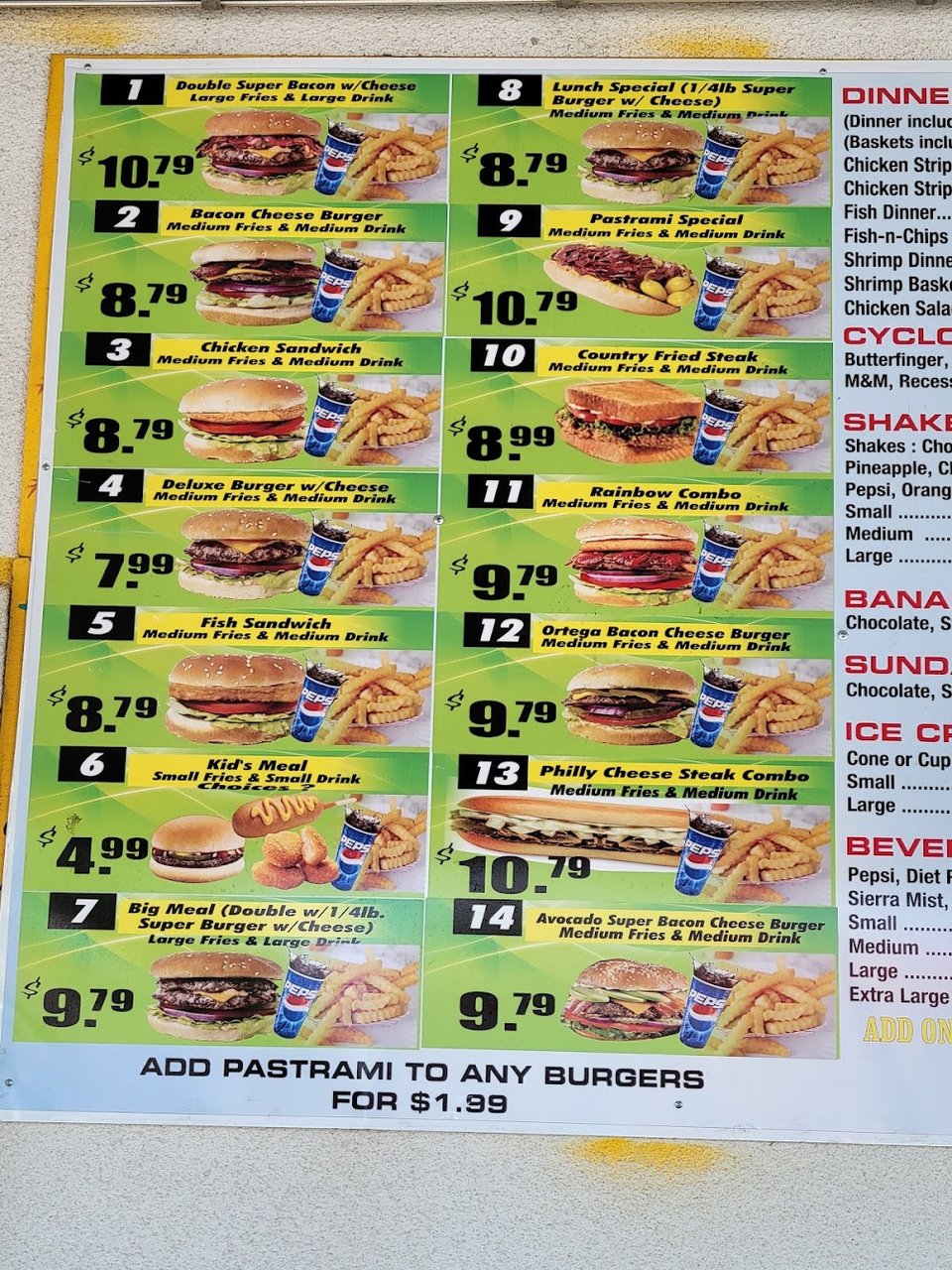 Side orders and fries shown on a menu.